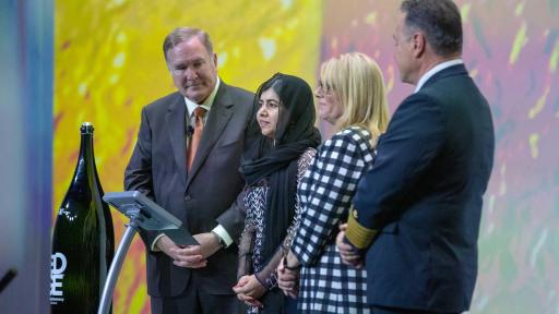 Richard D. Fain, Malala Yousafzai, Lisa Lutoff-Perlo and Capt. Costas Nestoroudis, christen Celebrity Edge at the ship’s Naming Ceremony.