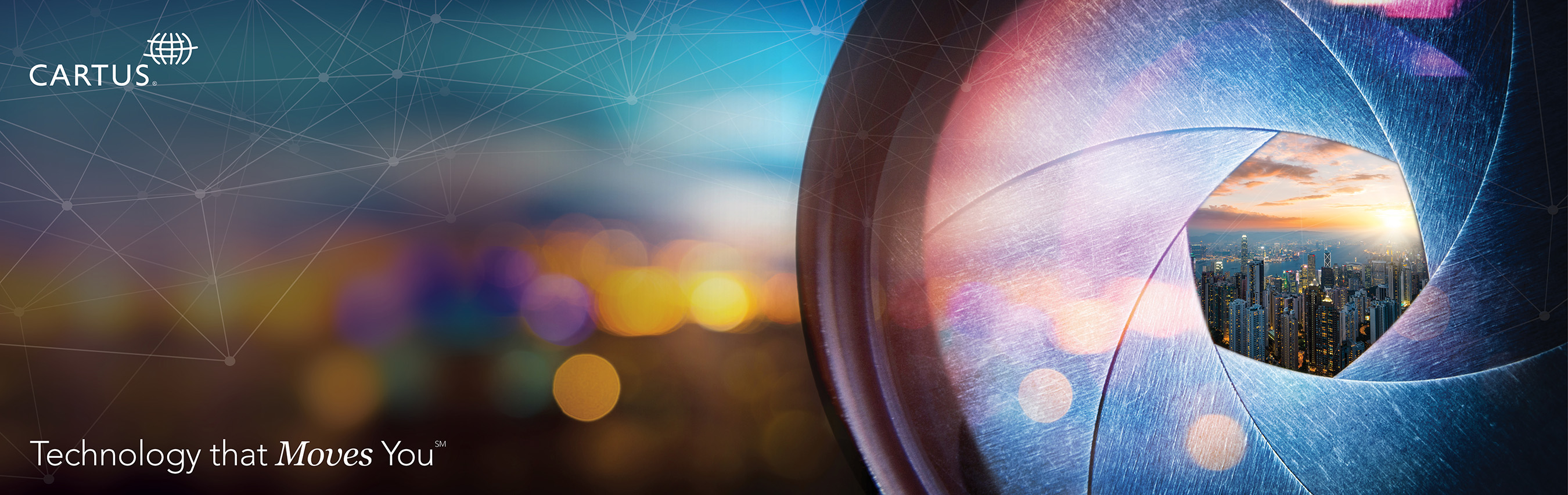 Open lens shutter with city in the center