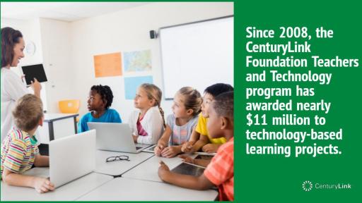 Infographic, with a picture of children using laptops and tablets around a table, and a teacher.