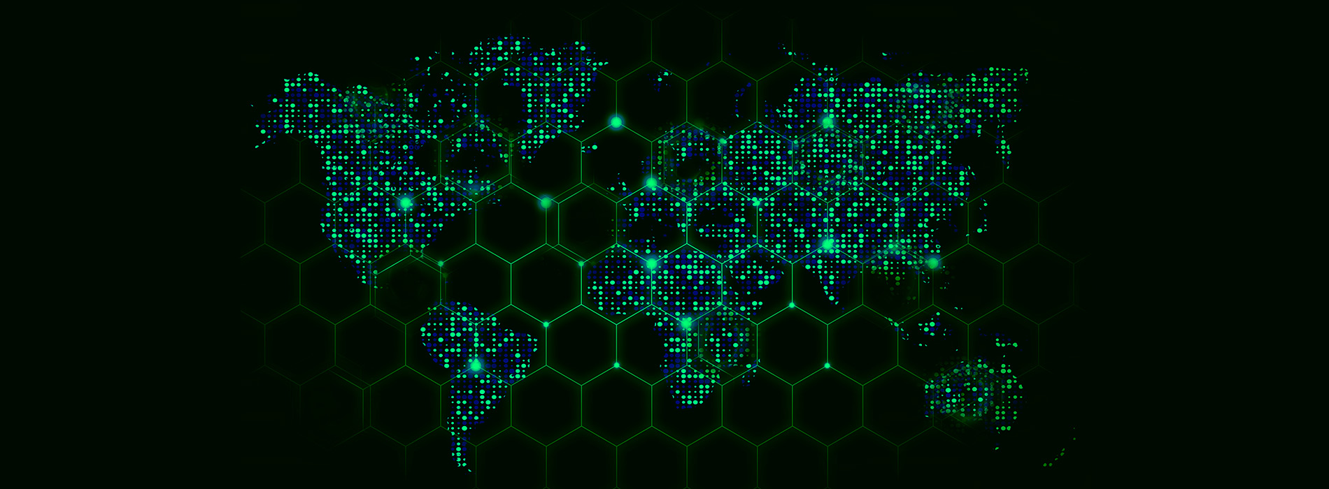A black and green map of the world made with green glowy dots that are in place of the land mass.