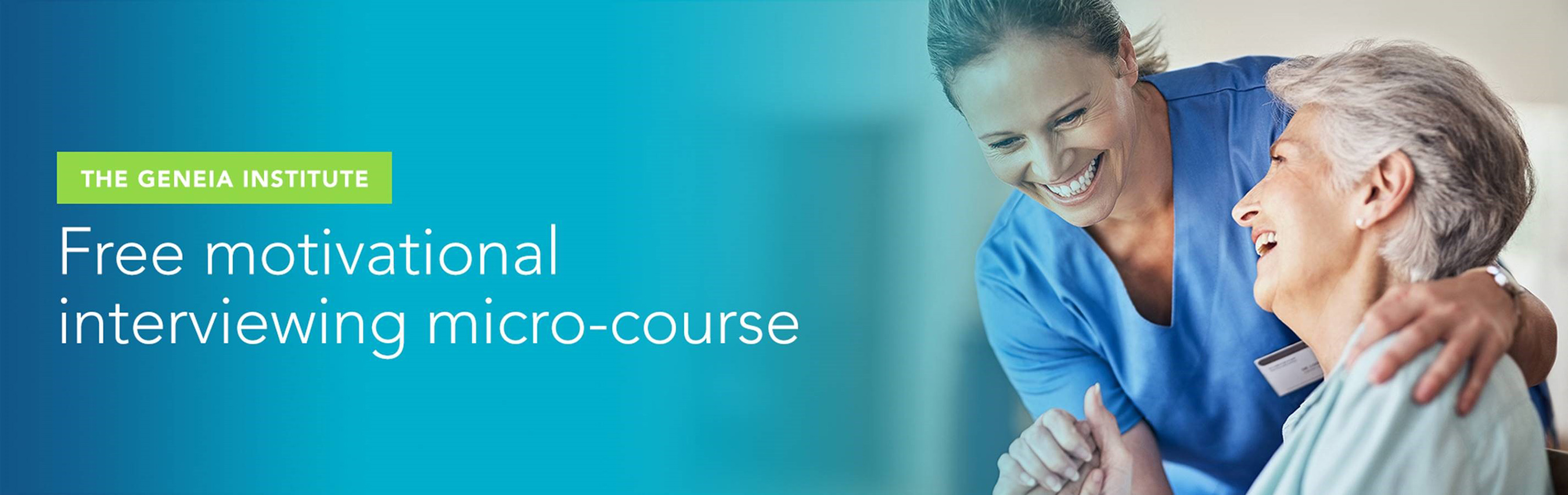 Older woman looking and laughing with a woman in scrubs.