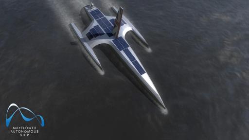 CGI Visualisation of the Mayflower Autonomous Ship cruising at sea, completely unmanned.