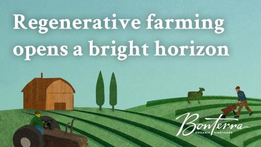 Illustrated image of a farm with a tractor and a barn. It says "Regenerative farming opens a bright horizon".