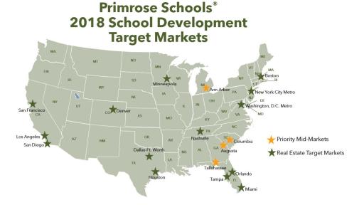 A map of the target markets for Primrose Schools 2018 School Development