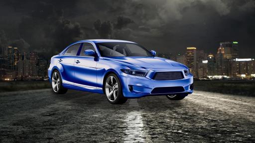 A sporty blue car in front of a cityscape at nighttime.