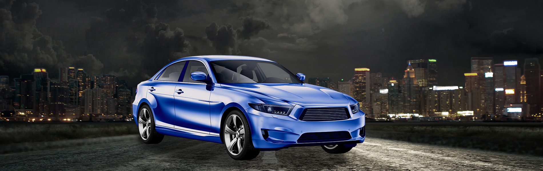 A Blue car in front of a cityscape at night.