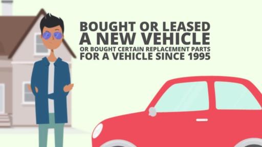 A cartoon of a man standing in front of his car with the words, "Bought or leased a new vehicle or bought certain replacement parts for a vehicle since 1995" above the car.