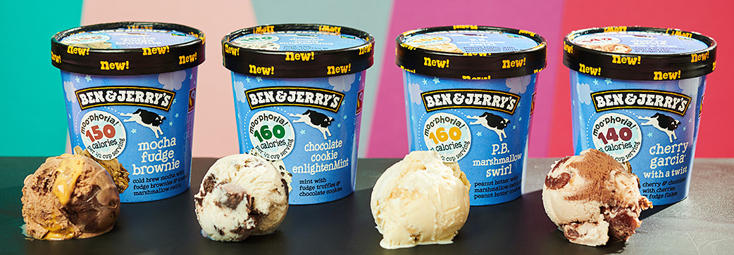 Ben and Jerry's containers and scoops of ice cream