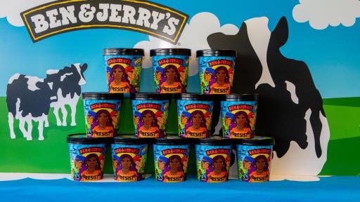 A photo op of 3 rows of pints of Ben & Jerry's stacked on top of each other.