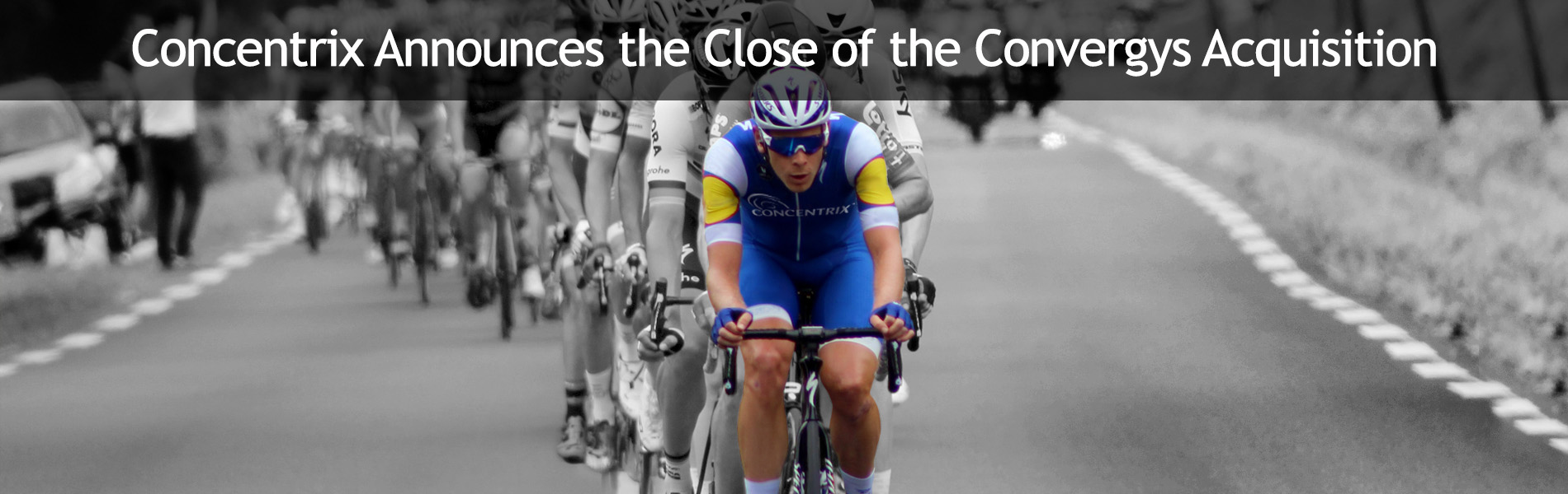 Bicyclist in color, leading others following behind with text overlayed: concentrix announces the close of the convergys acquisition