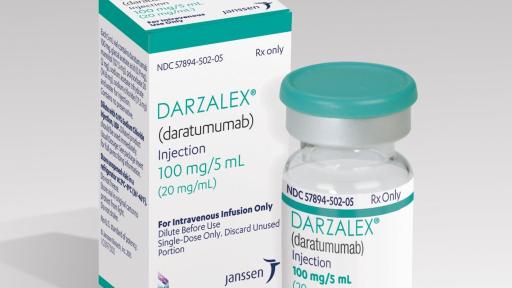 A DARZALEX 100mg product shot that includes a medicine vial and it's packaging.