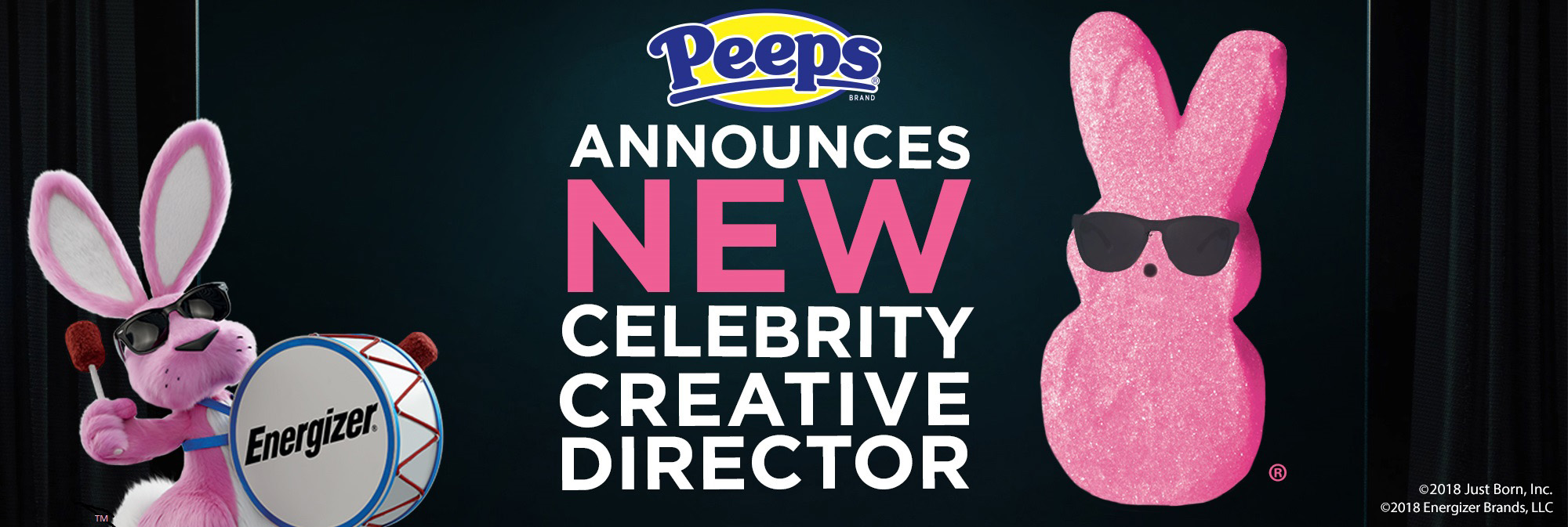 Header image stating: Peeps Announces New Celebrity Creative Director. The Energizer bunny is to the left and a pink peep with black sunglasses to the right.
