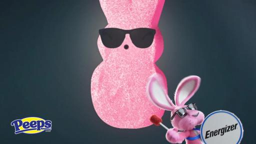 Pink peeps bunny with Energizer bunny on the lower righthand side.