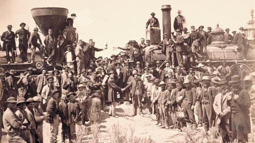 May 10, 1869, General Grenville Dodge, chief engineer for Union Pacific, is pictured shaking hands on the right with Central Pacific engineer Samuel Montague.
