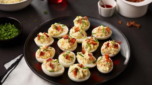 Deviled eggs on a platter.