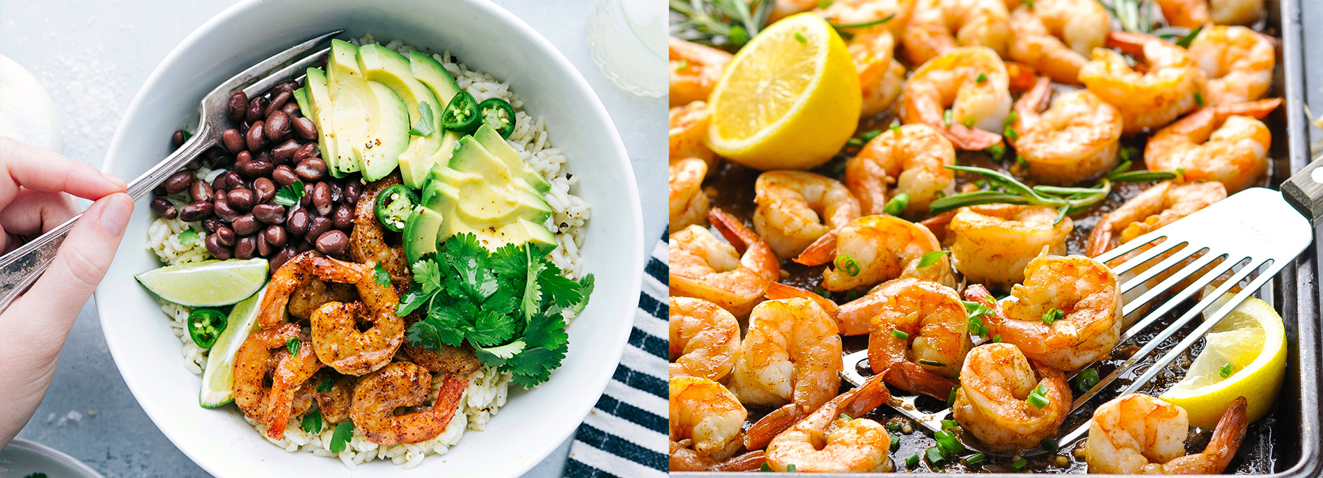 A dish of seasoned rice and shrimp on top of a red placemat.