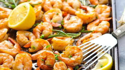 Pan of New Orleans barbeque shrimp.