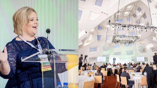 Composite image of a speaker on the lefthand side and the symposium on the right.