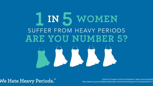 Infographic with four white dresses and one blue with the text stating that one in five women suffer from heavy periods.
