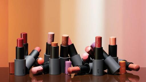Lipsticks in various colors stood upright