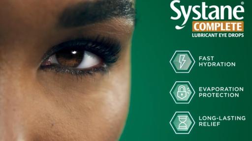 Closeup image of Venus Williams white clear eye with a bottle SystaneComplete logo, click to play video.
