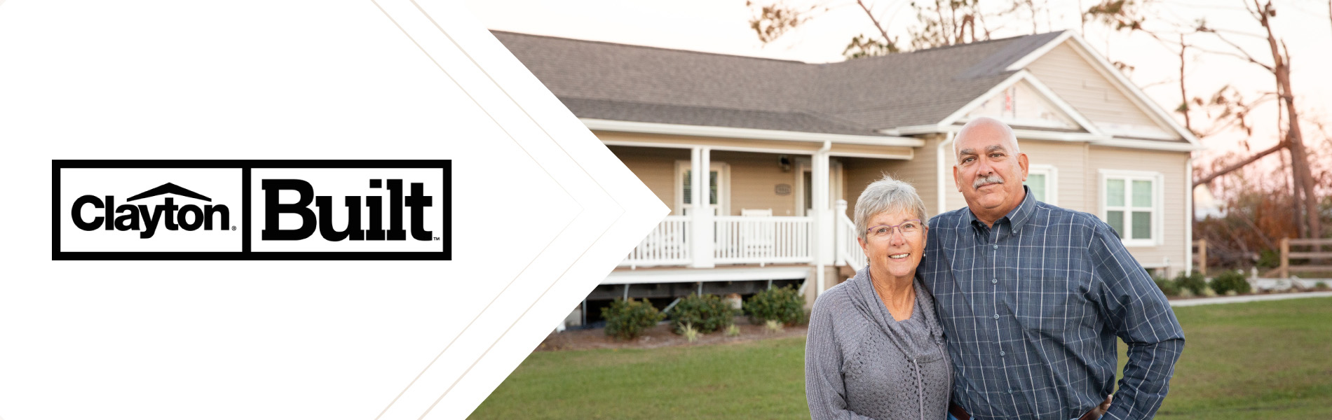 Hero banner image with couple standing in front of their new home, and the Clayton Logo