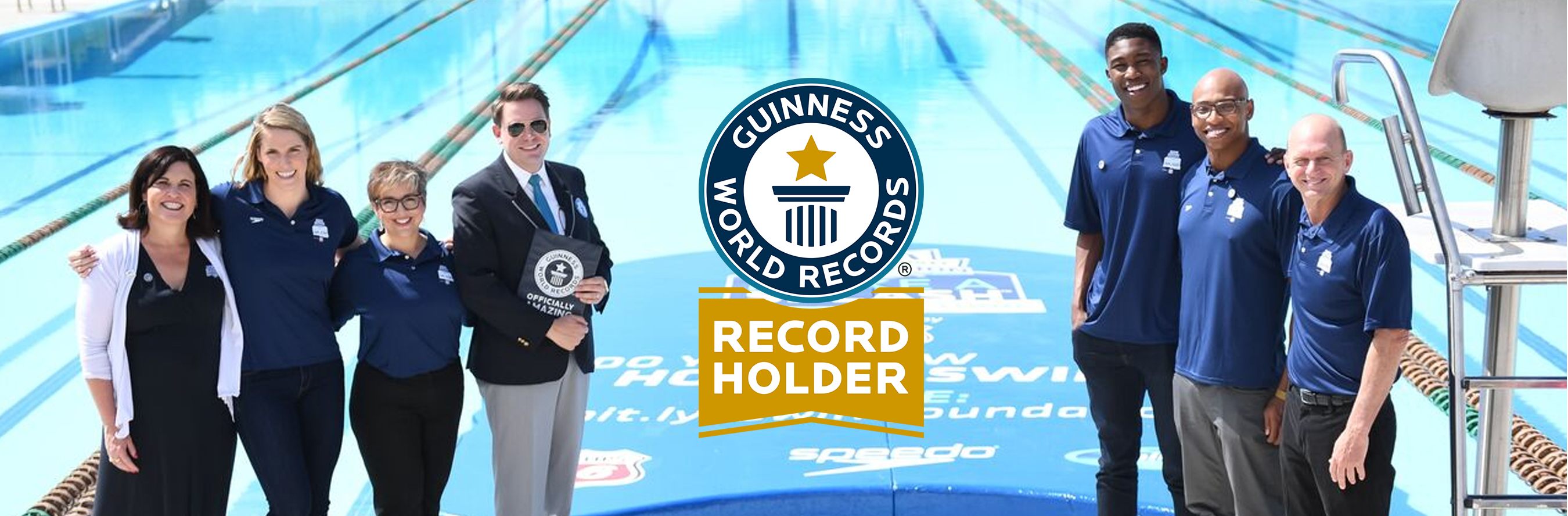 USA Swimming Foundation Executive Director Debbie Hesse, USA Swimming Foundation ambassador Missy Franklin, Phillips 66 Manager Tami Talbert Walker, adjudicator Michael Empric, World Junior Champion swimmer Reece Whitley, Olympians Cullen Jones and Rowdy Gaines flank the GUINNESS WORLD RECORDS® Largest Kickboard during the USA Swimming Foundation’s Make a Splash tour presented by Phillips 66.