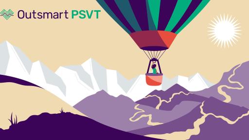 An illustration of a hot air balloon flying over mountains.