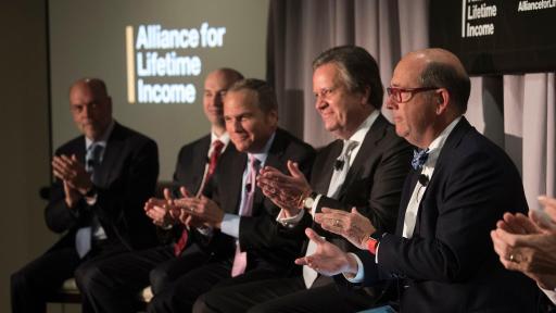 From right, Moderator Joe Coughlin, Ph.D., MIT AgeLab; Barry Stowe, CEO, Jackson National; and Stephen Pelletier, Executive Vice President and COO, U.S. Business, Prudential; celebrate the launch of the new Alliance for Lifetime Income educational initiative on Thursday, June 14, 2018, in Washington. (Kevin Wolf/AP Images for the Alliance for Lifetime Income)