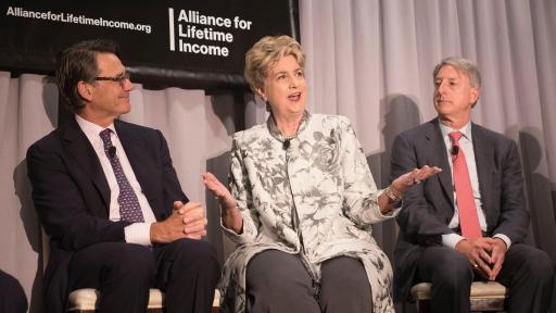 Jana Greer, CEO, Retirement, AIG, speaks about the need for protected monthly income in retirement during the Alliance for Lifetime Income launch with Dennis Glass, President and CEO, Lincoln Financial, left, and Ron Pressman, CEO, Institutional Financial Services, TIAA, right, on Thursday, June 14, 2018, in Washington. (Kevin Wolf/AP Images for the Alliance for Lifetime Income)
COPYRIGHT:AP Images
