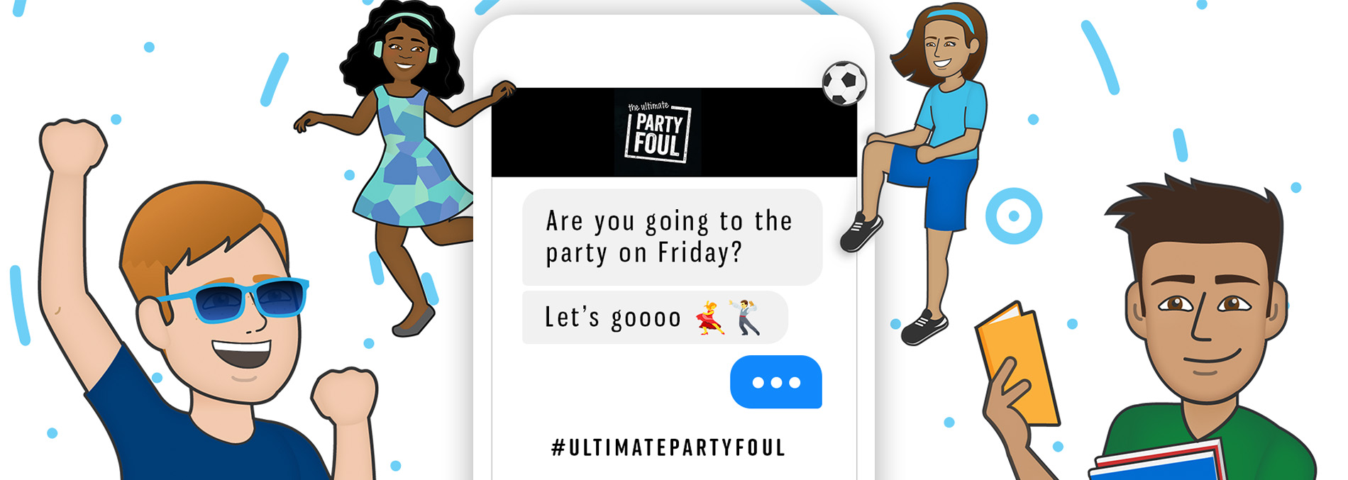 A cartoon with a cell phone and some kids in various places with the word on the phone #ultimateparyfoul