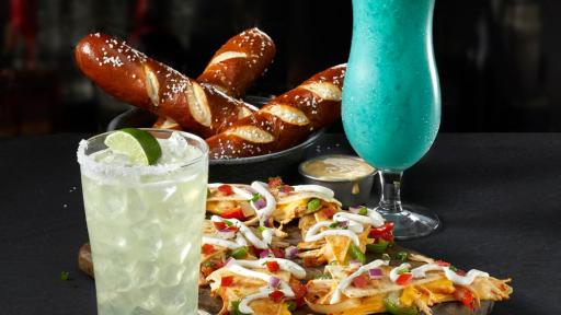 Frozen Blue Hawaiian, Fridays Rita, Chicken Quesadilla and Warm Pretzels