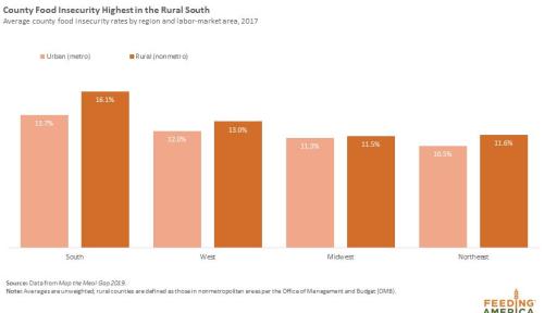 Average county food insecurity rates by region and labor-market area, 2017