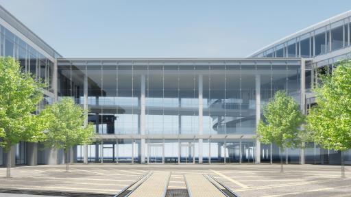 Architectural rendering of the front entryway to the new Expedia office.