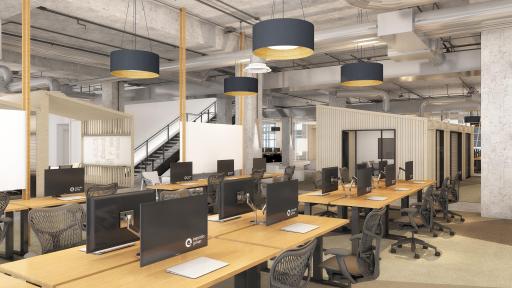 Architectural rendering of the workspace of the new Expedia office.