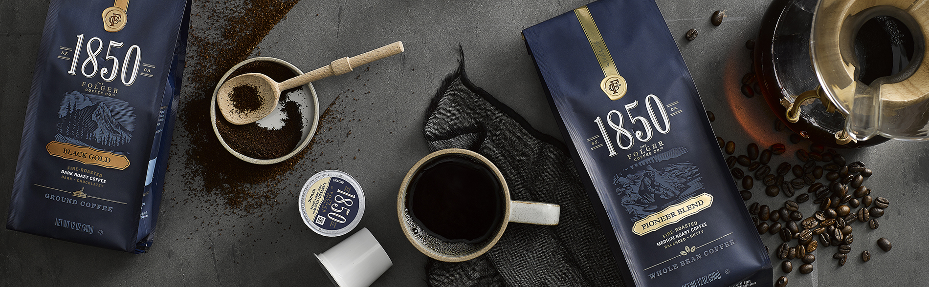 A lineup of 1850 Folgers Coffee Brand.