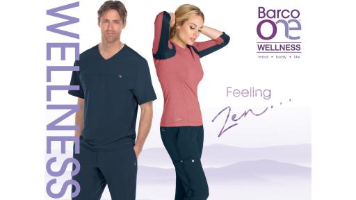 Man wearing blue barco uniform and woman wearing pink barco top and blue barco pants