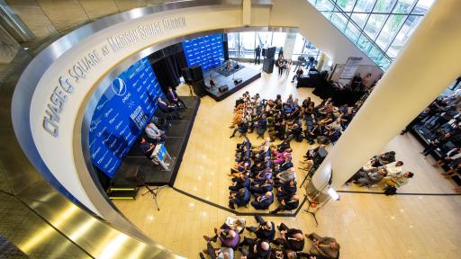 Top view of Madison Square Garden Company and PepsiCo partnership announcement press conference