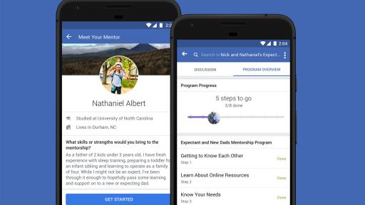 Two smartphones depicting the mentors program on Facebook.