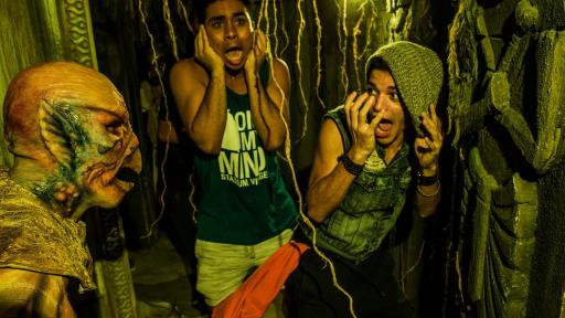 Two terrified men meet a swamp monster.