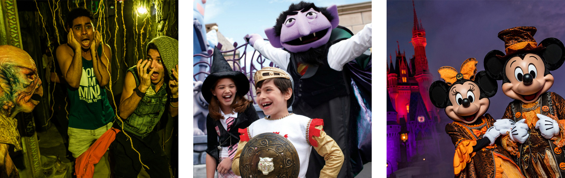 3 photos, the first showing 2 men who are frightened to see a monster, the second are two children can Count Dracula, and the third is Mickey and Miney Mouse dressed in Halloween garb.