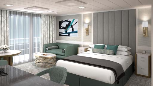 A Beautiful large room of the Penthouse Suite, with cool color decor and a large bed in the center of the room.