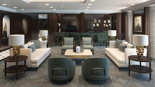 A large room with lounging chairs and tables which is the Second Grand Hall.