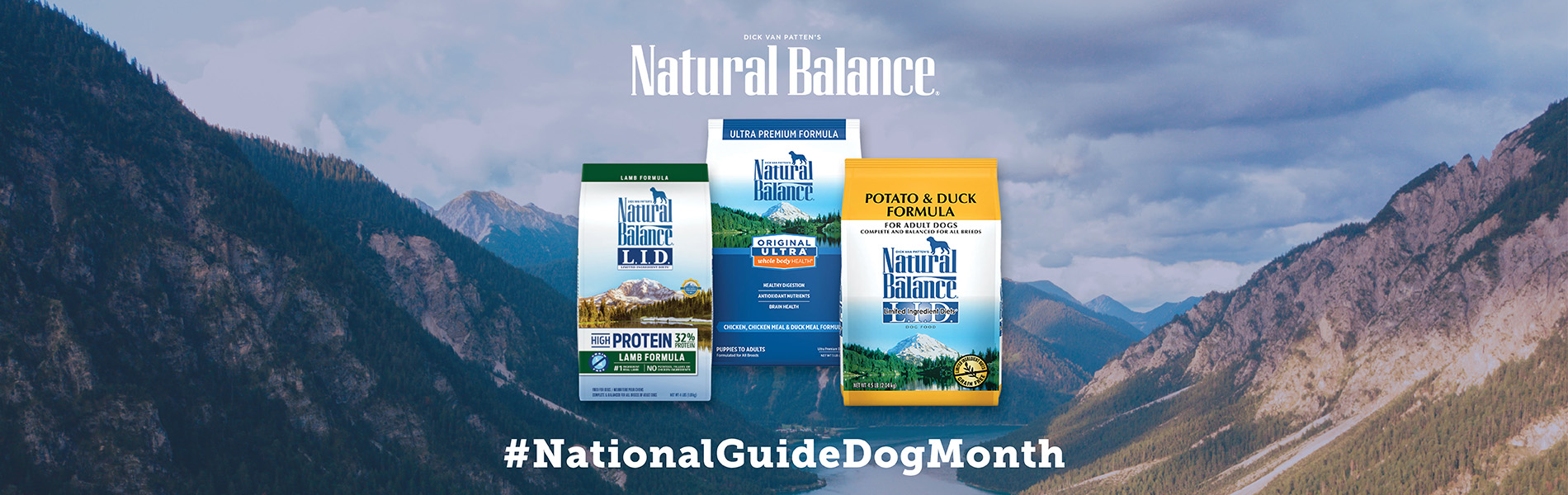 3 bags of Natural Balance dog food against a backdrop of mountains.