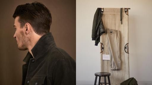Left: Man wearing dark green coat. Right: Green jacket and khaki pants hanging on a cot standing upright.