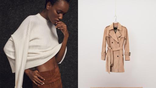 Left; Model wearing ivory sweater and tan suede skirt. Right: Women's tan trench coat