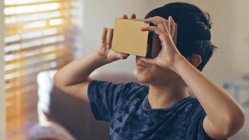 Kid looking into card board box