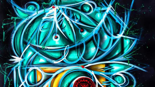 Alexander Mijares Artwork, showing a painterly bottle with bright colors on a black background