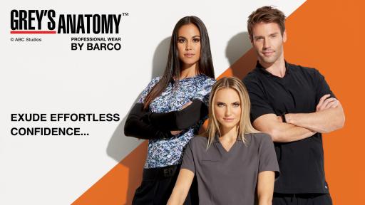 Two females and one male wearing black and grey EDGE scrubs