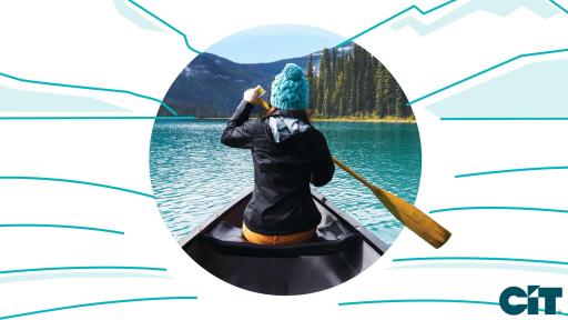 Graphic of women rowing a boat with mountains in view